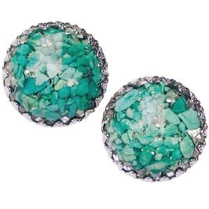 VTG 60s Turquoise Earrings Stone Chip Resin Dome Silver Tone Clip On Mid Century